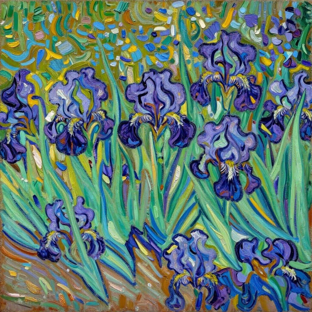 Vibrant Impasto Iris Oil Painting in Van Gogh Style