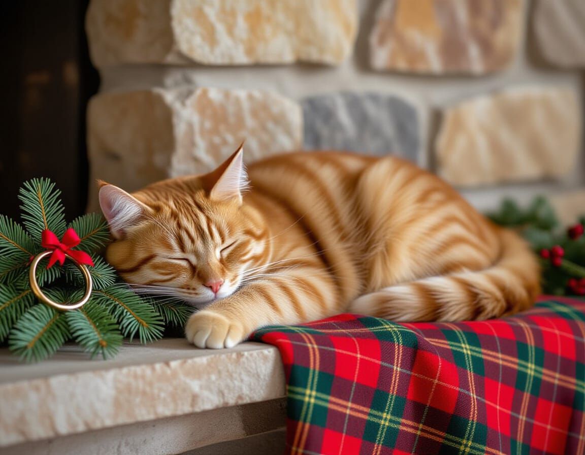 Cozy Tabby Cat Naps by Mistletoe Fireplace