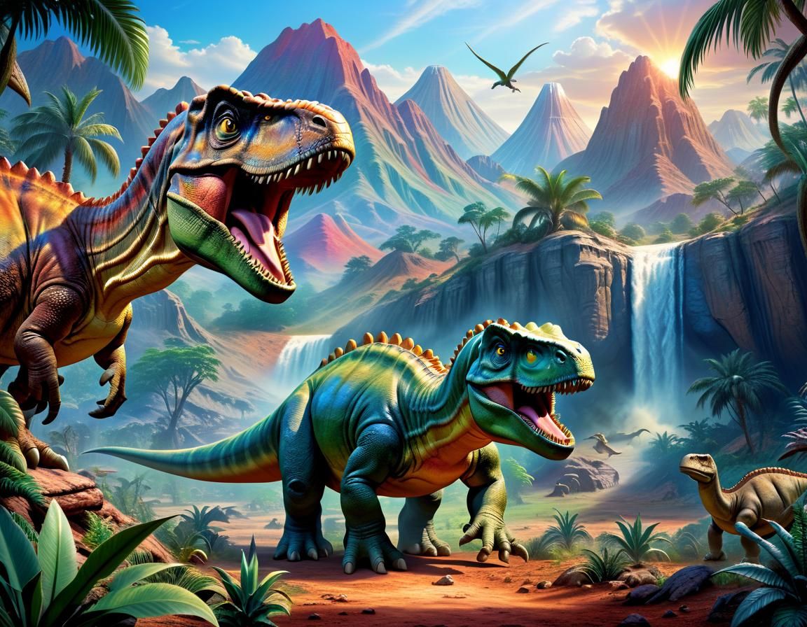Hyperrealistic Dinosaurs in a Prehistoric Landscape