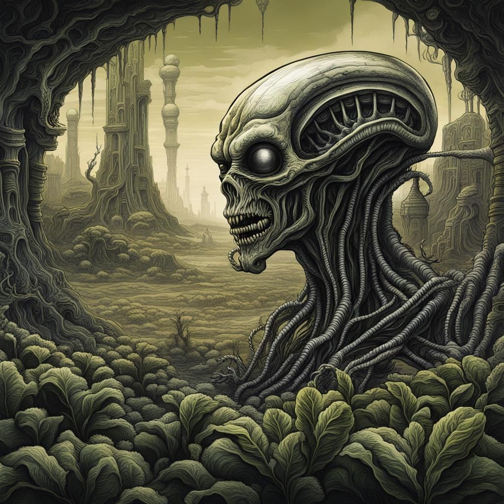 Alien Landscape with Man Eating Plant in Ink