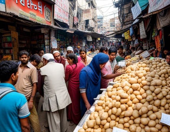 Crowded Bazaar Books and Potatoes