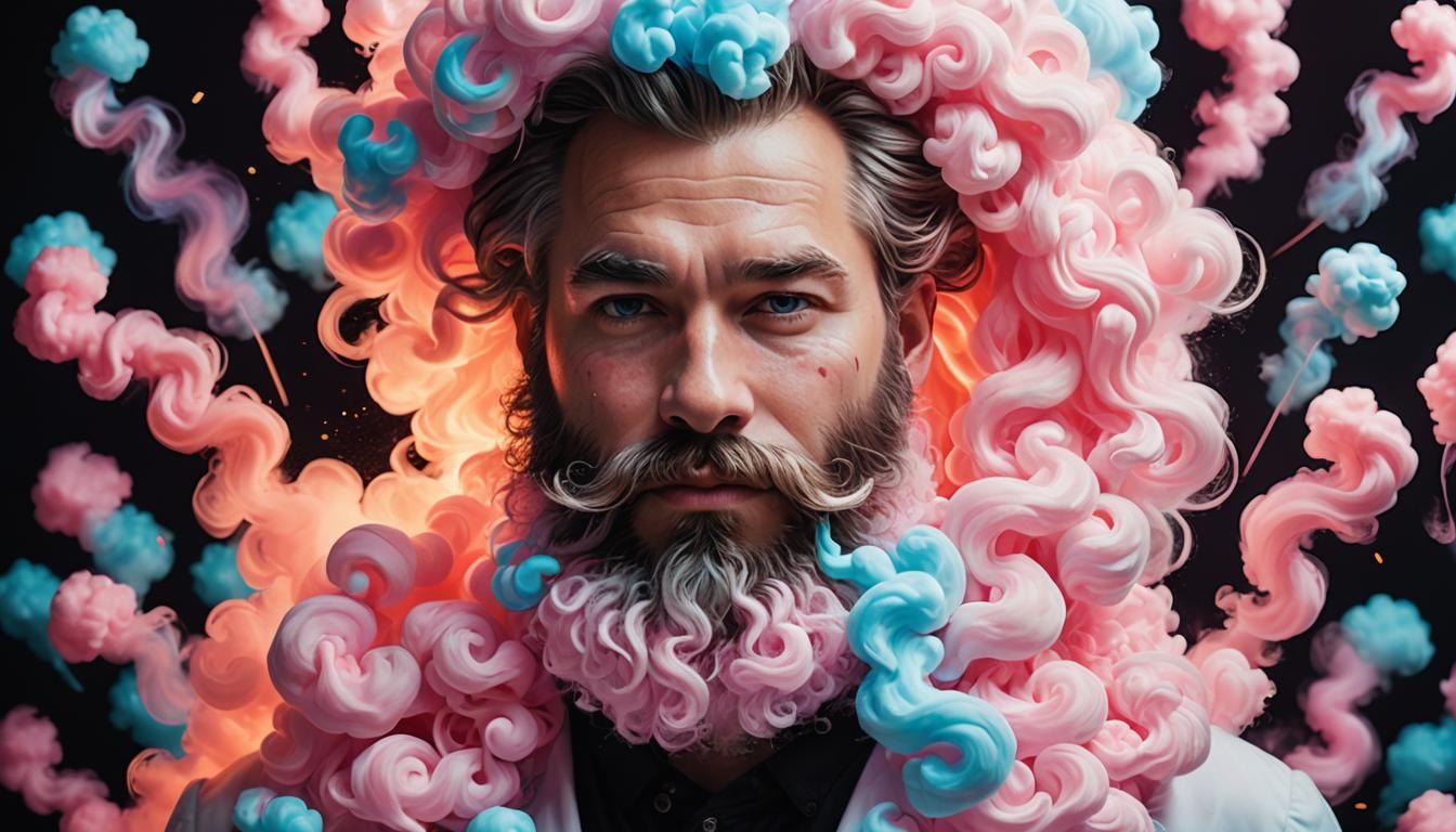 Glowing Cotton Candy Beard in a Surreal Scene
