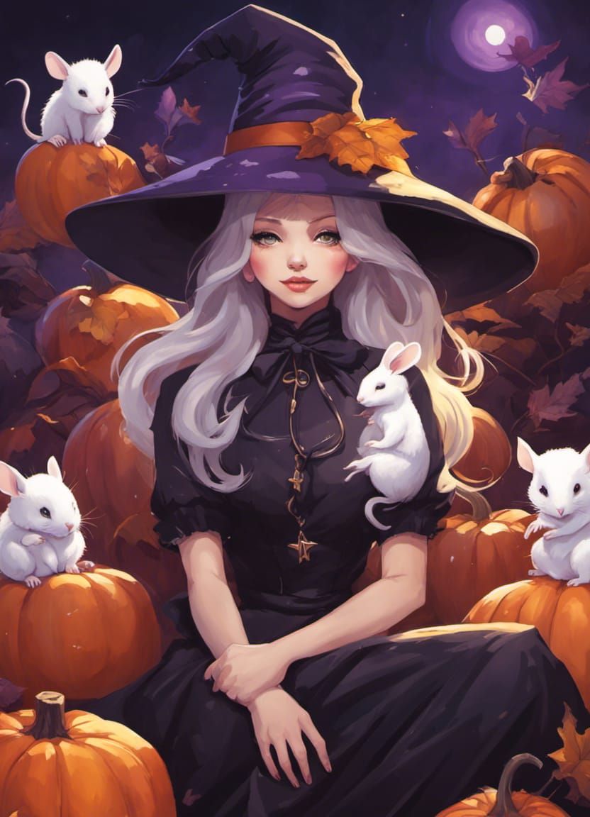 Halloween Witch with Mice in Bioluminescent Pumpkin Patch