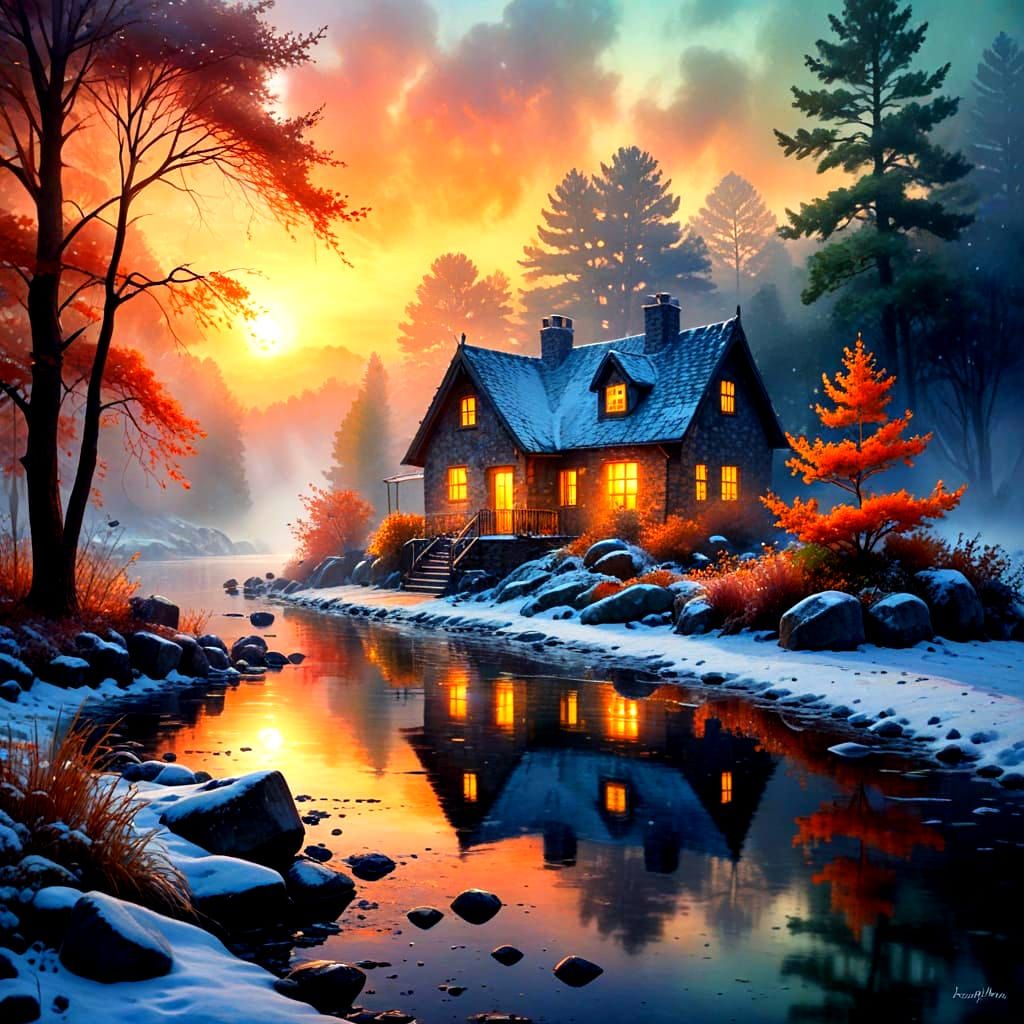 Cabins on a Misty Winter Lake