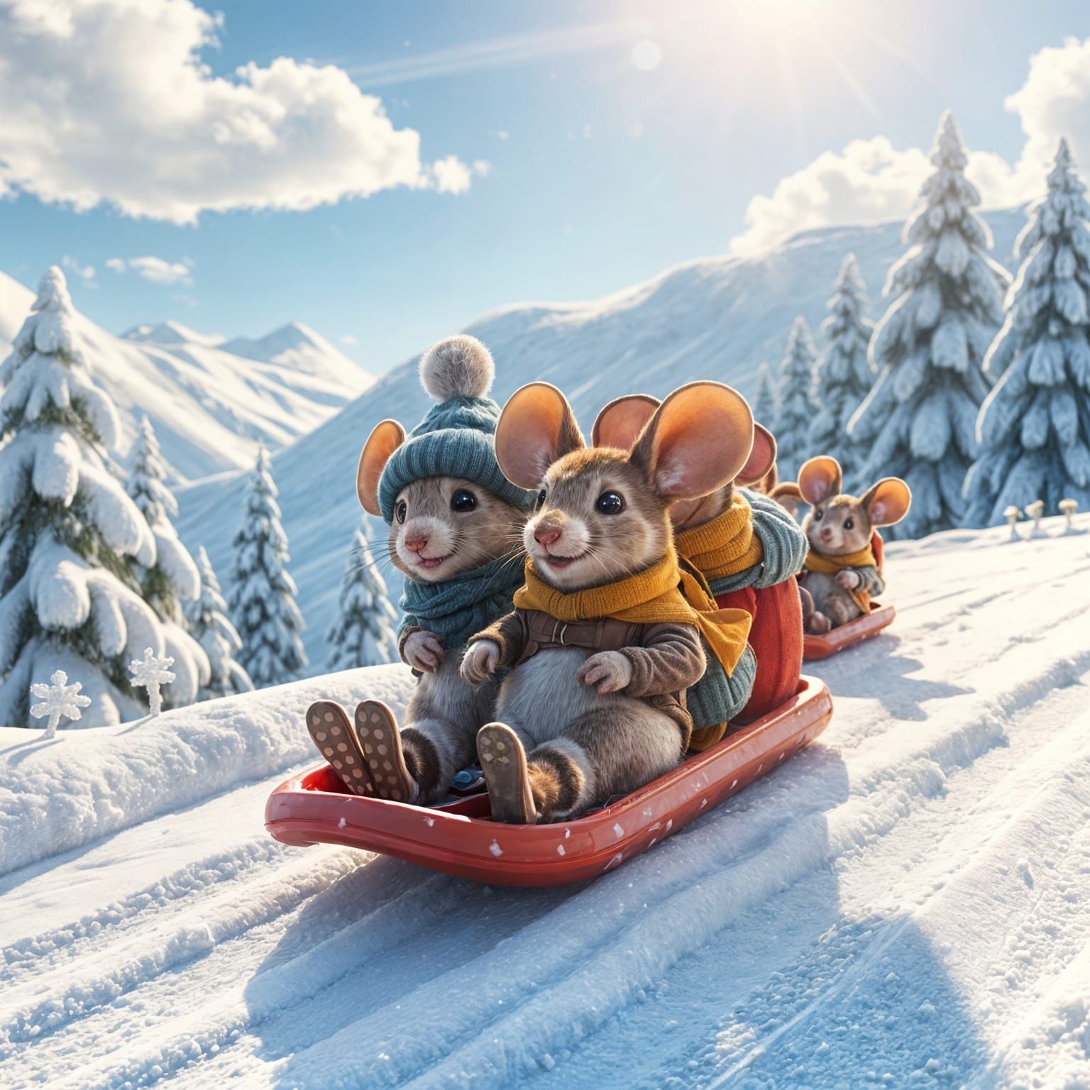 Cute Mice Tobogganing Down Snowy Slope in 3D