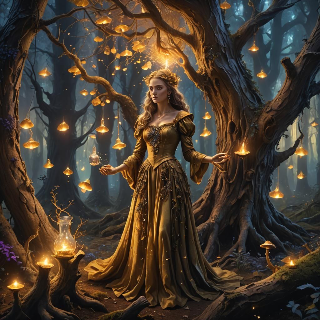 Golden Witch Potion in Mystical Forest
