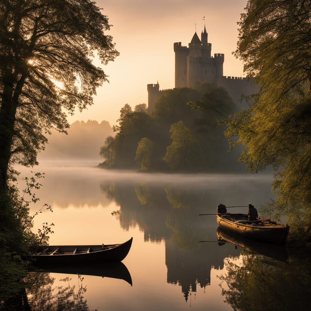 Vintage Medieval Castle on Misty Lake Illustration