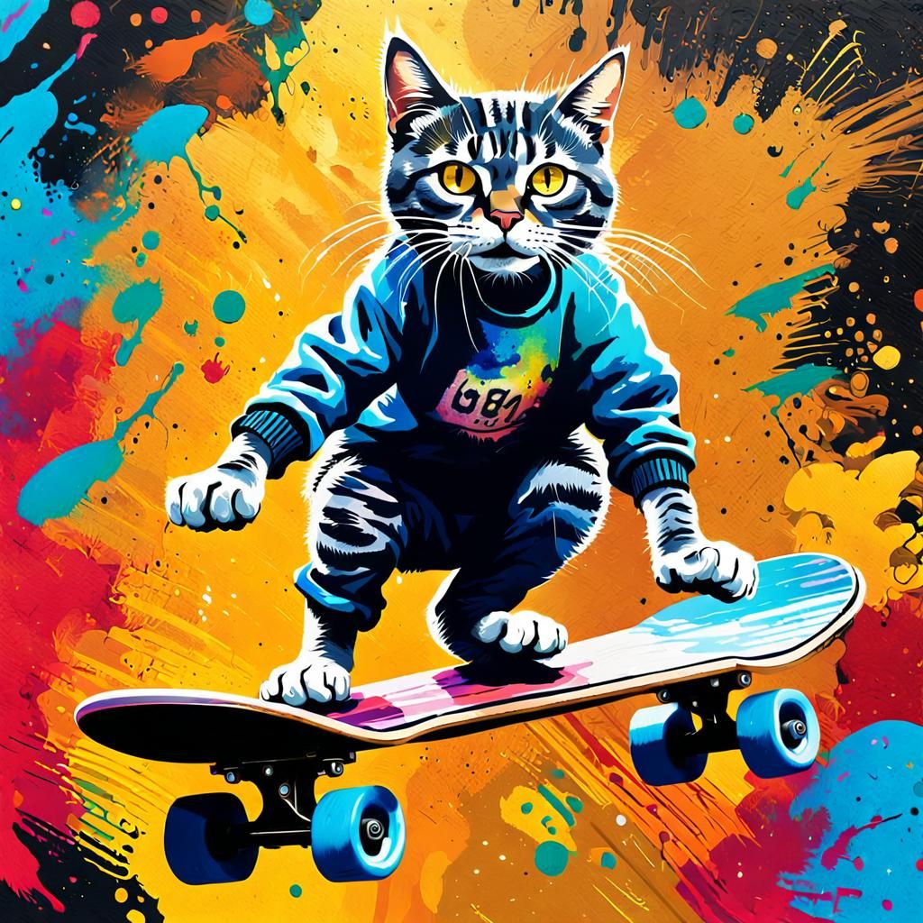 Cat on Skateboard: Vibrant Graffiti Street Art