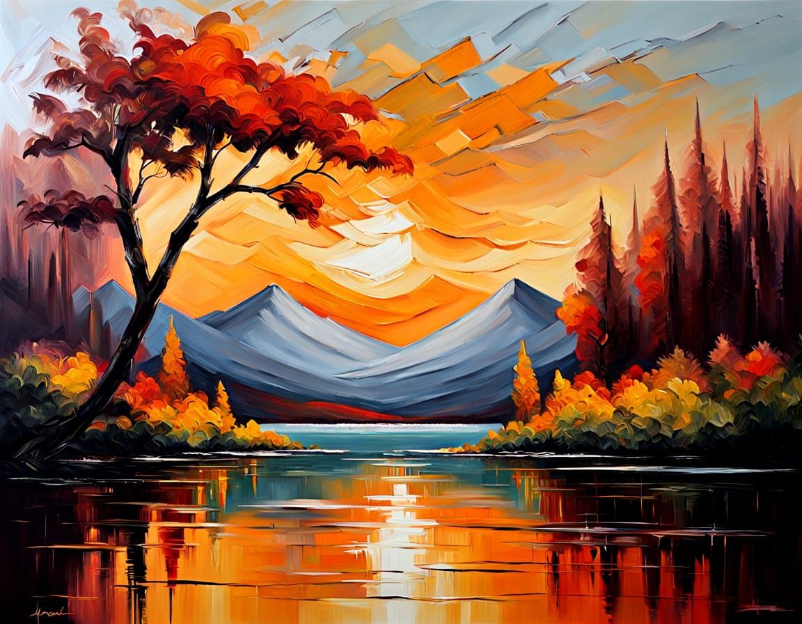 Impressionistic Mountain Sunset Reflection Oil Painting