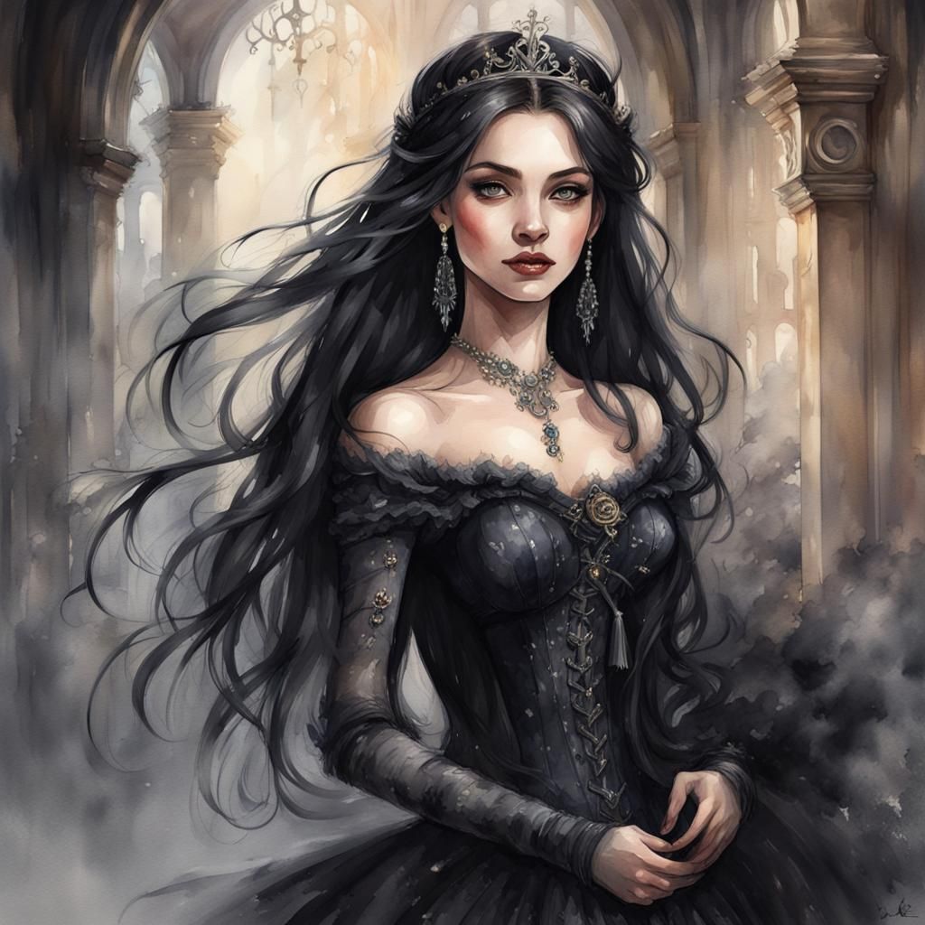 Beautiful Gothic Princess in Watercolor Painting