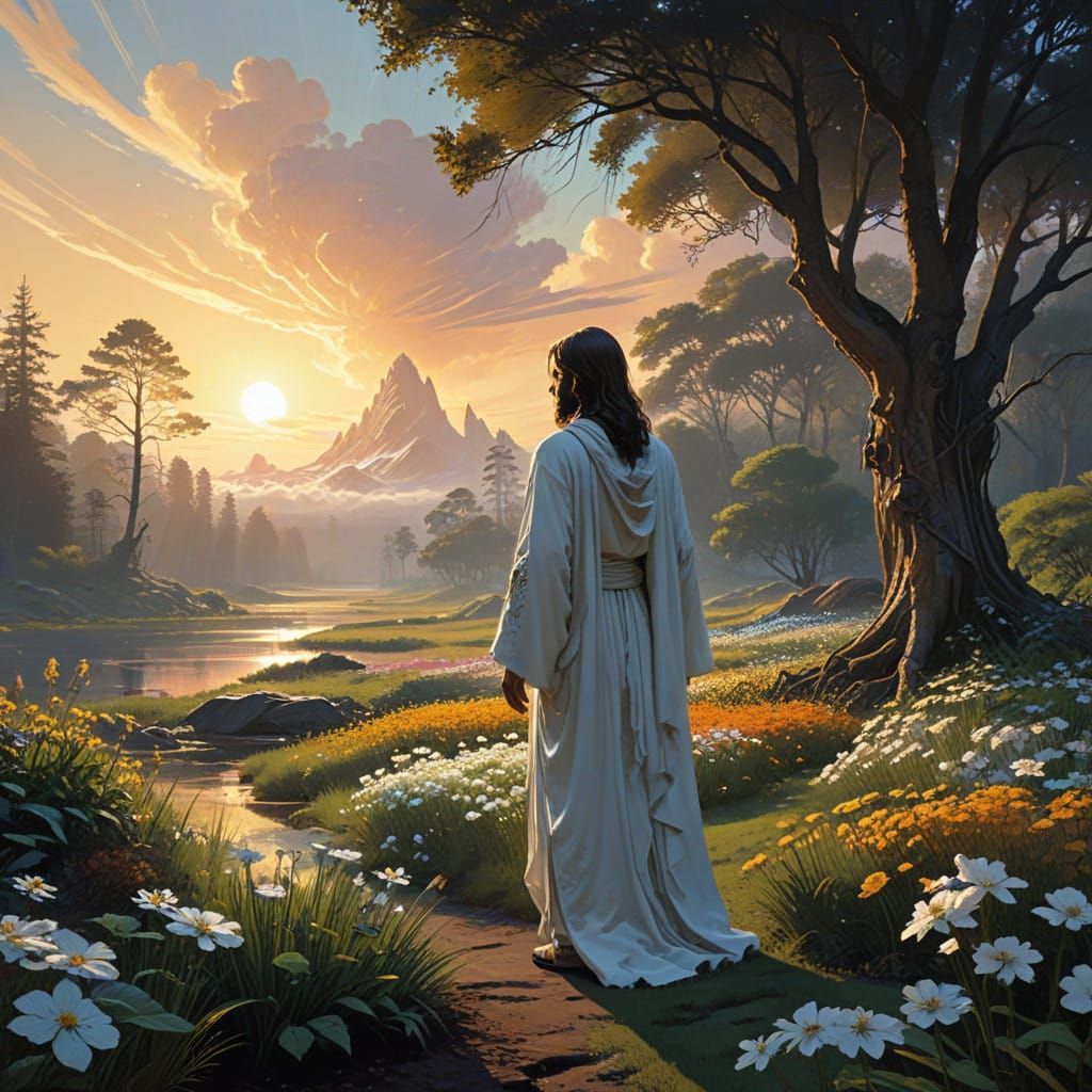 Ethereal Christ in Vibrant Garden of Wonder