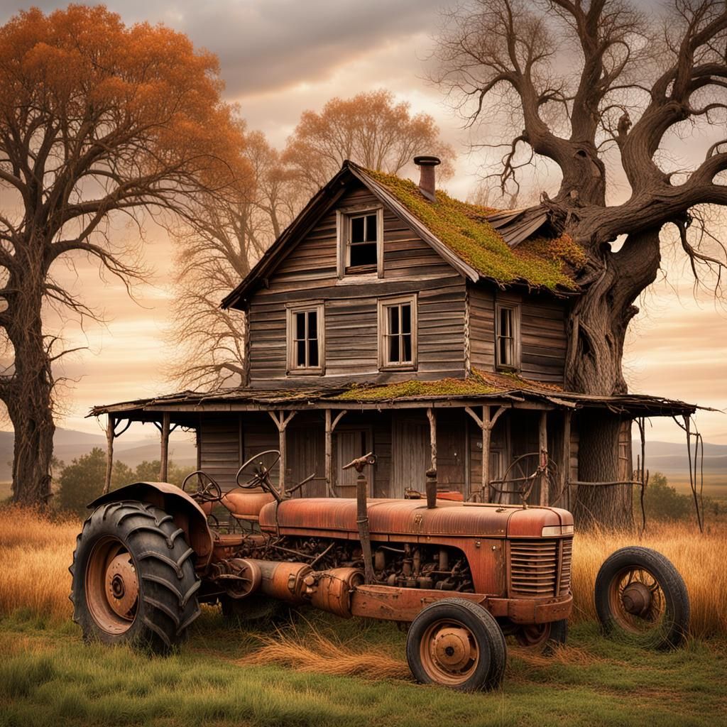 Rustic Landscape with Old House and Tractor
