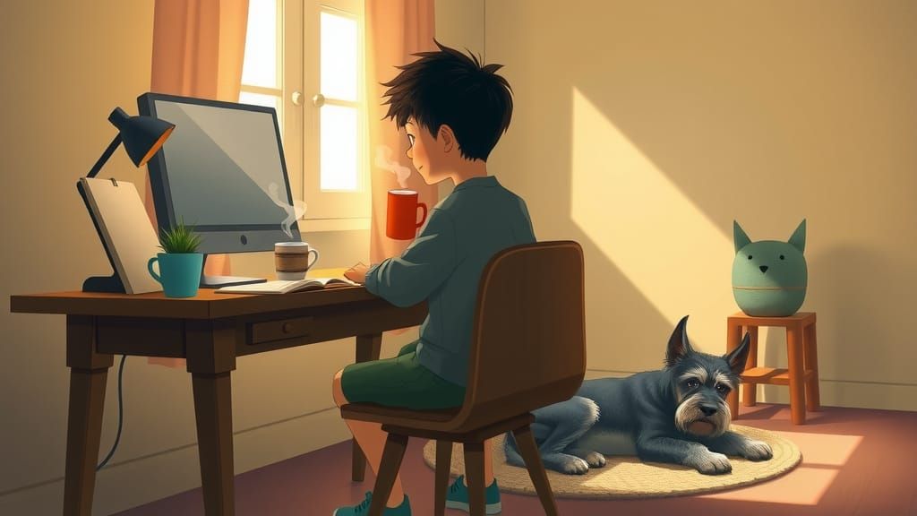 Boy at Desk with Dog in Ghibli Style