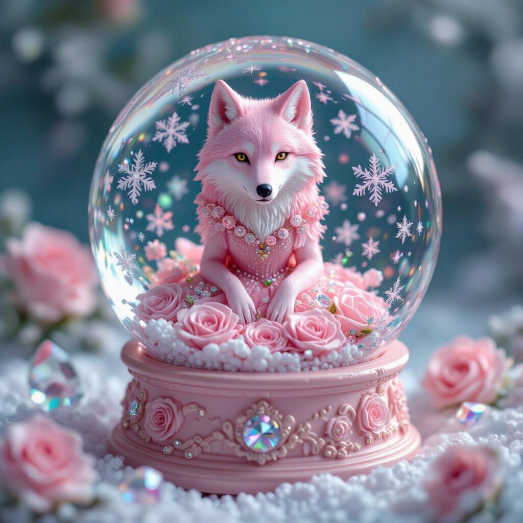 Psychedelic Pink Wolf in Crystal Snow Globe