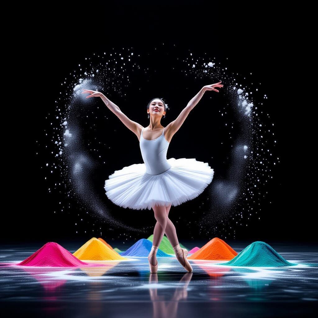 Ballerina's Elegant Jete Amidst Colorful Powder