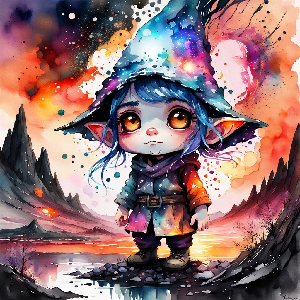 Lava Gnome Digital Watercolor Fantasy Art