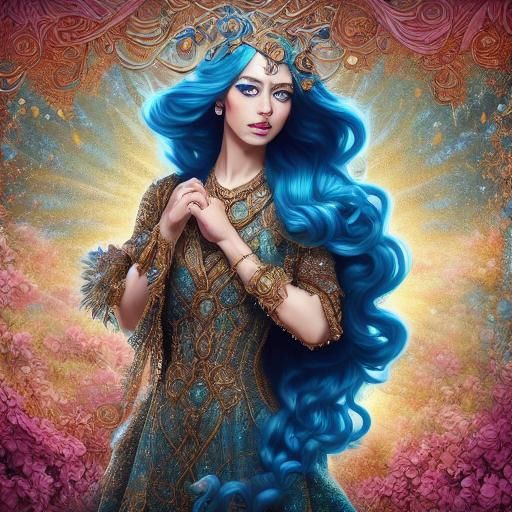 Blue-Haired Woman with Gold: Breathtaking Fantasy Art