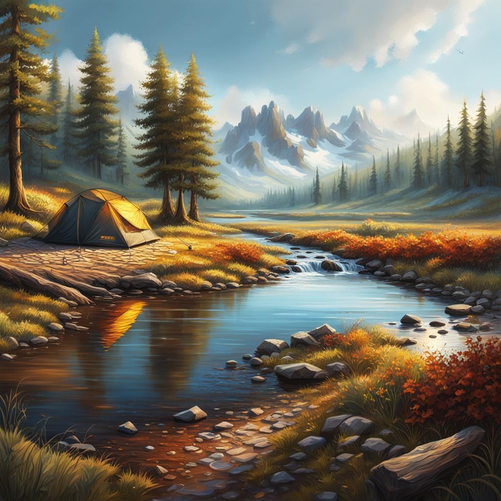 Hyperrealistic Camping Spot by a Stream