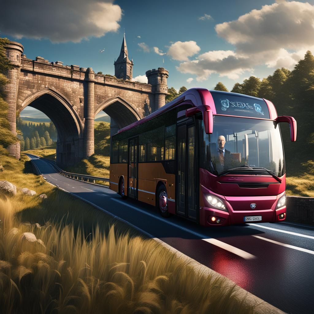 Tour Bus Crossing Ness Bridge in Scotland