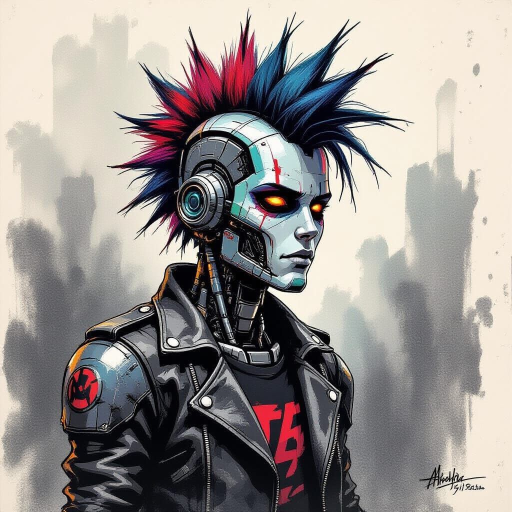 Charcoal Sketch of Punk Robot Rocker with Mohawk
