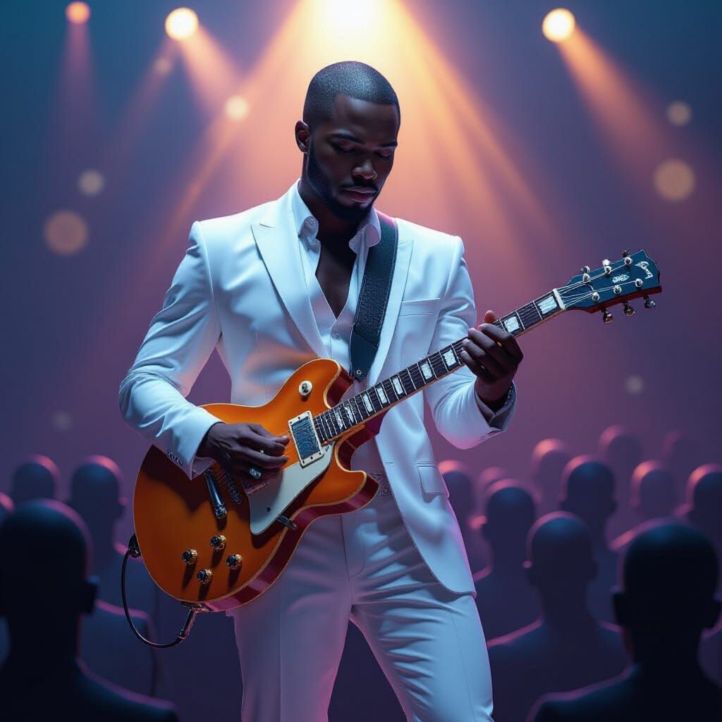 Afrofuturistic Guitarist in Hyperreal Lighting