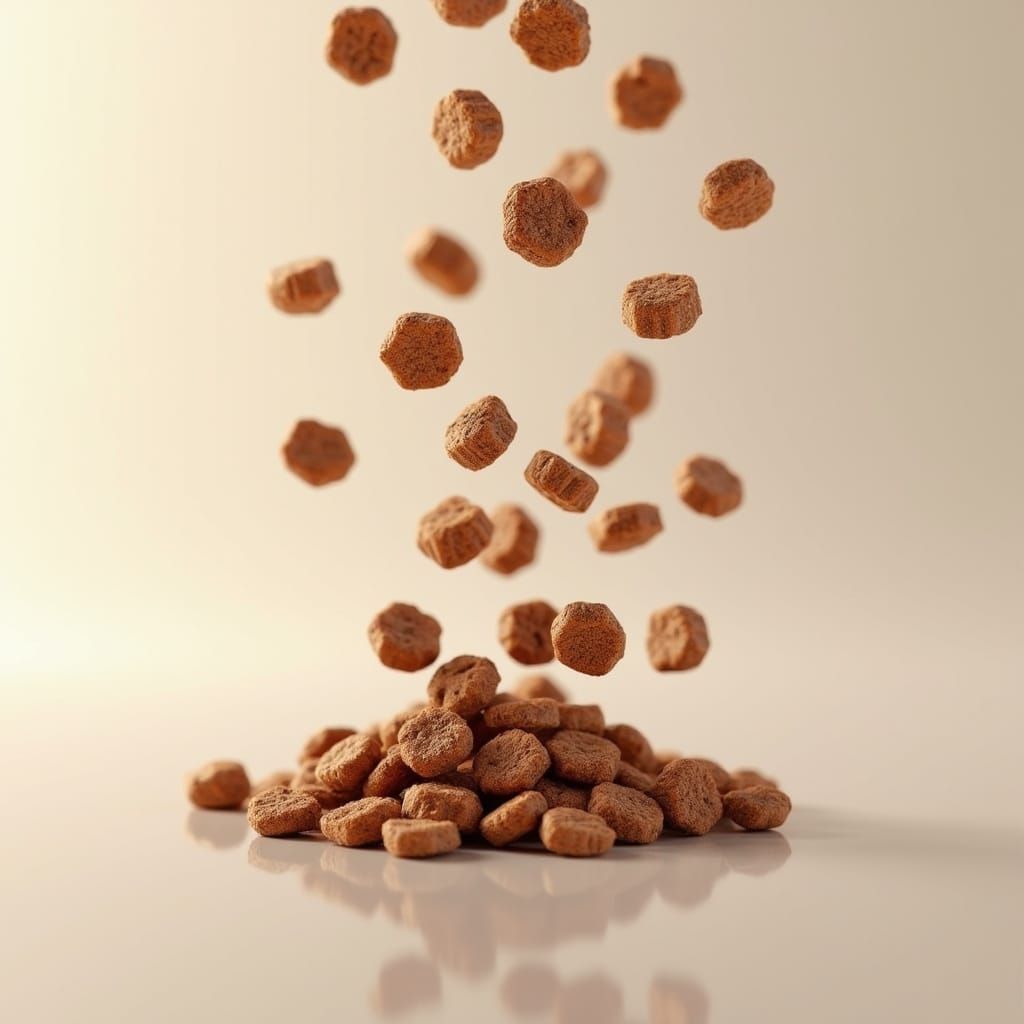 Hyper-Realistic 3D-Rendered Scene of Falling Kibbles