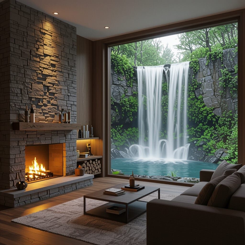 Indoor Waterfall Oasis Beside Fireplace