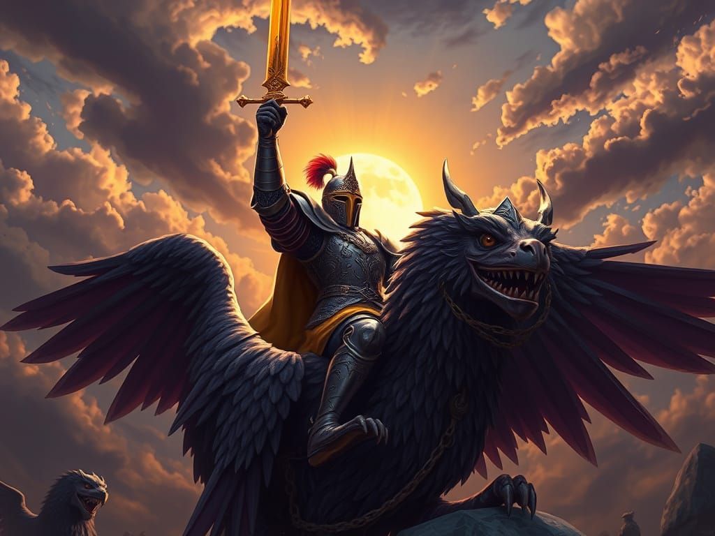 Oil painting of an epic and majestic image featuring a knight in ornate armor, mounted on a magnificent griffon. The kni...