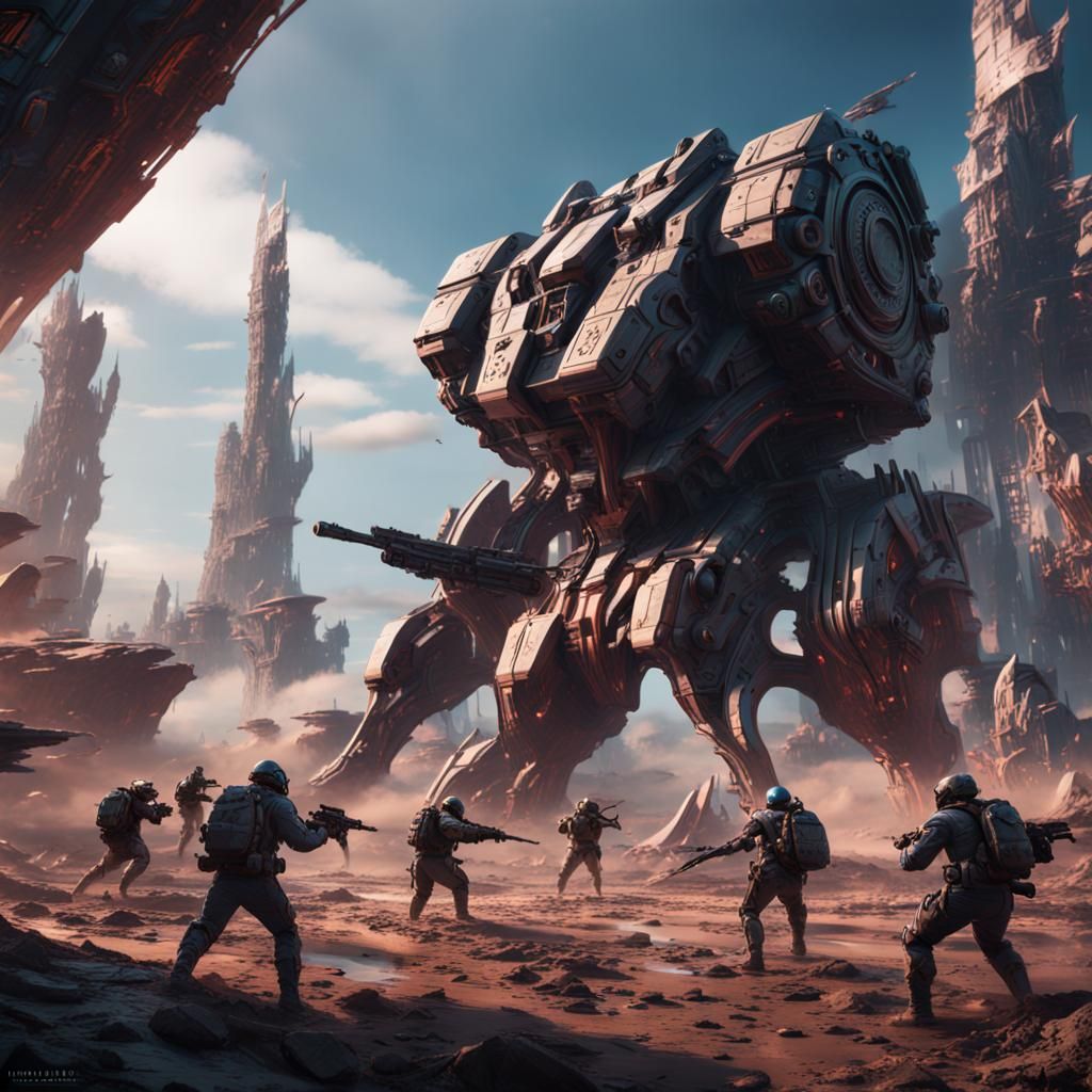 Futuristic Army Fight in Detailed Matte Painting Style
