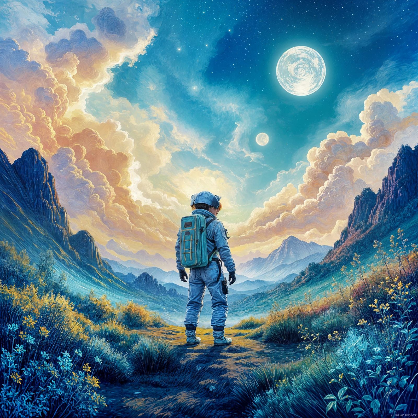 Astronaut on Alien Planet Gazing at Nebula Sky