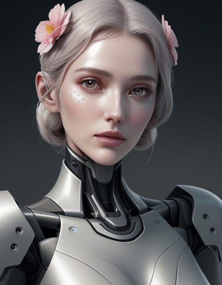 Robot Woman with Flower in Sci-Fi Digital Art