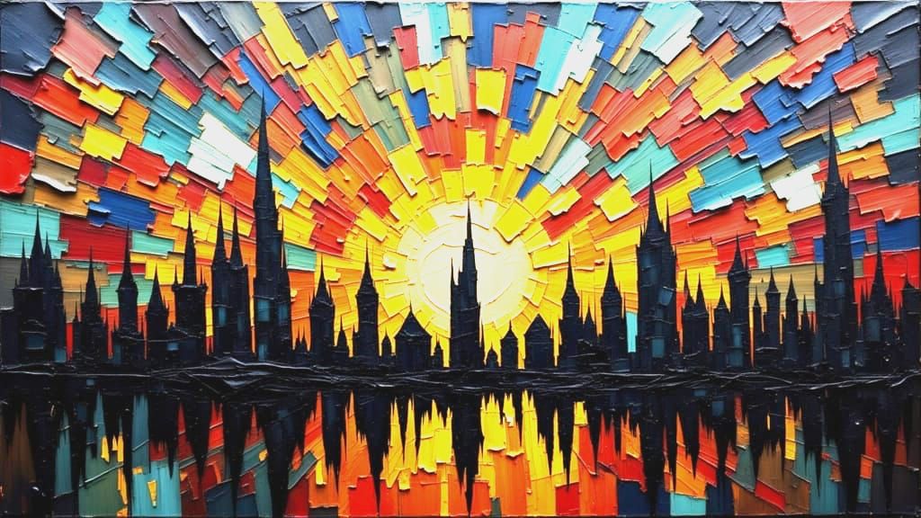 Abstract Cityscape of Shattered Stained Glass in Baroque Sty...