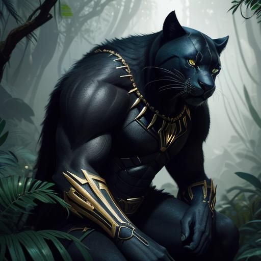 Black Panther Man in Misty Jungle, Fantasy Art