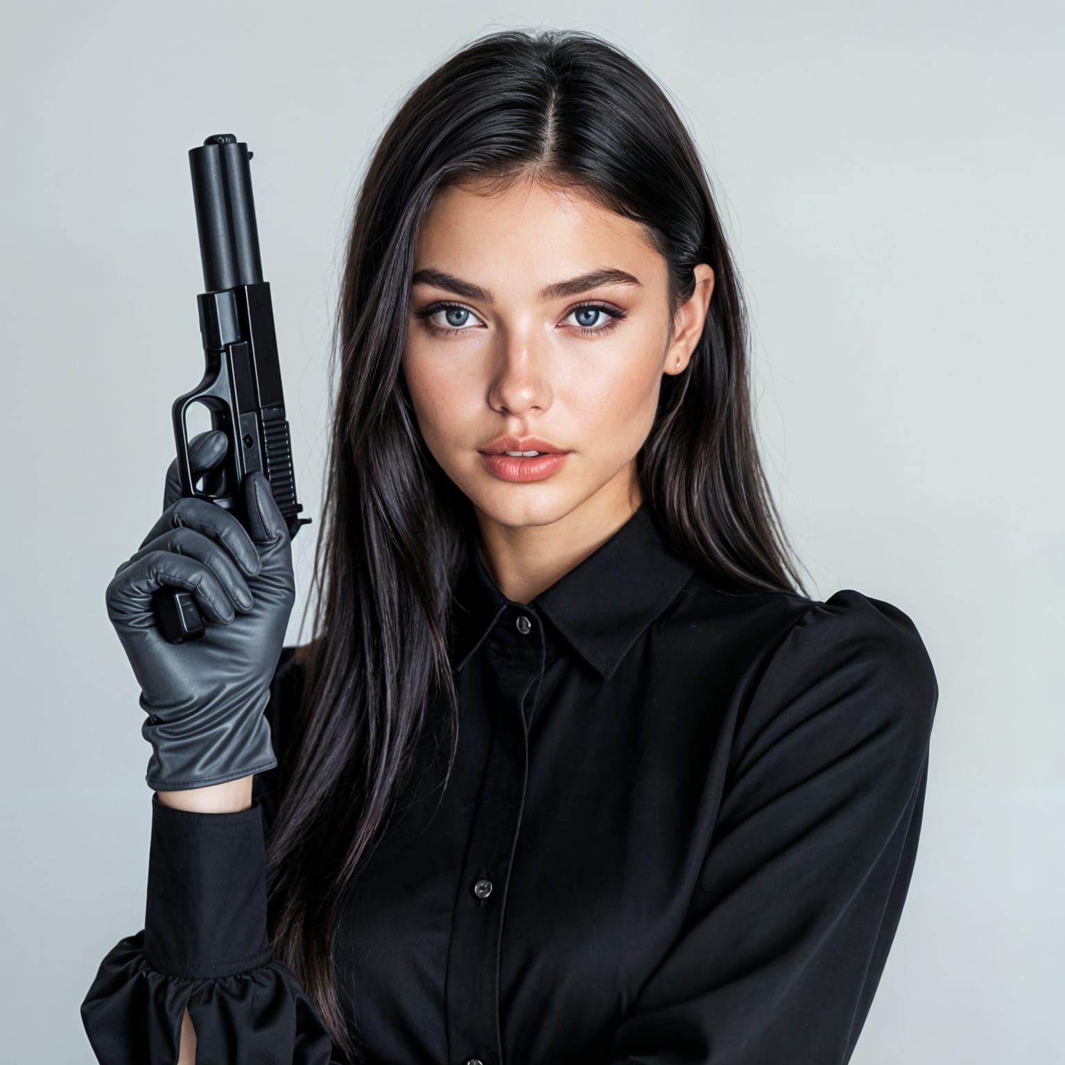 Edgy Supermodel with Gun in High Fashion Style