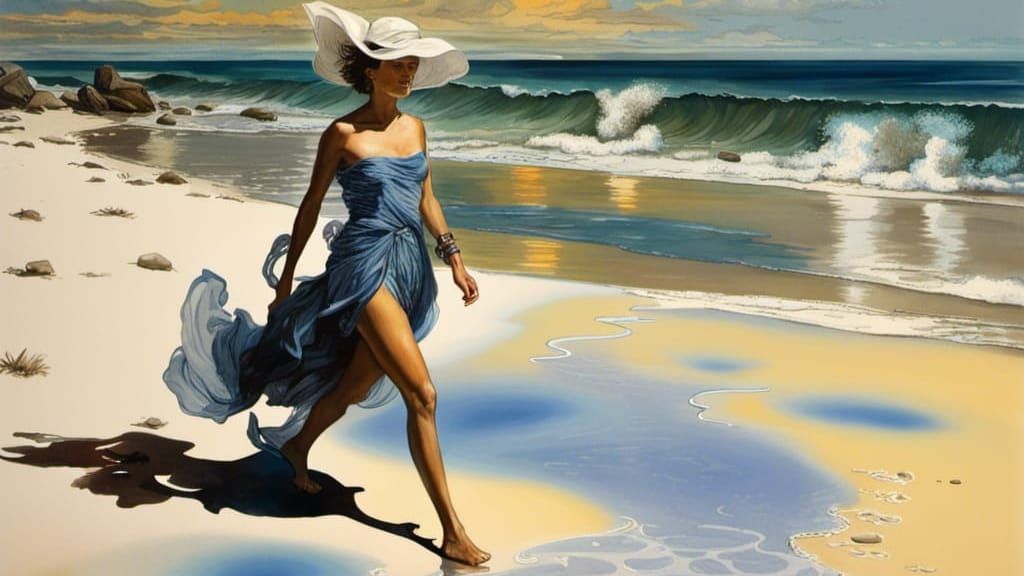 Watercolor Portrait of Woman on a Beach