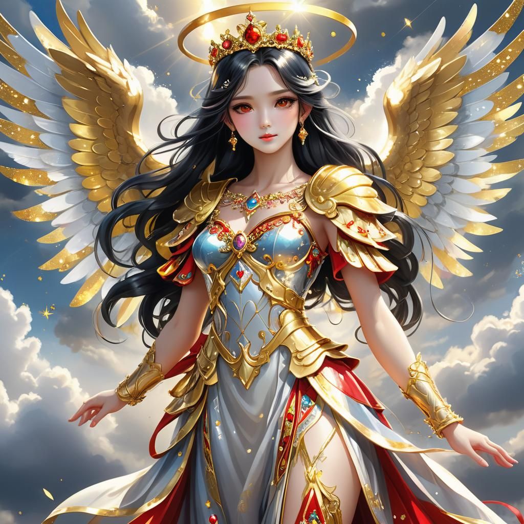 Anime Angel with Golden Wings and Glitter