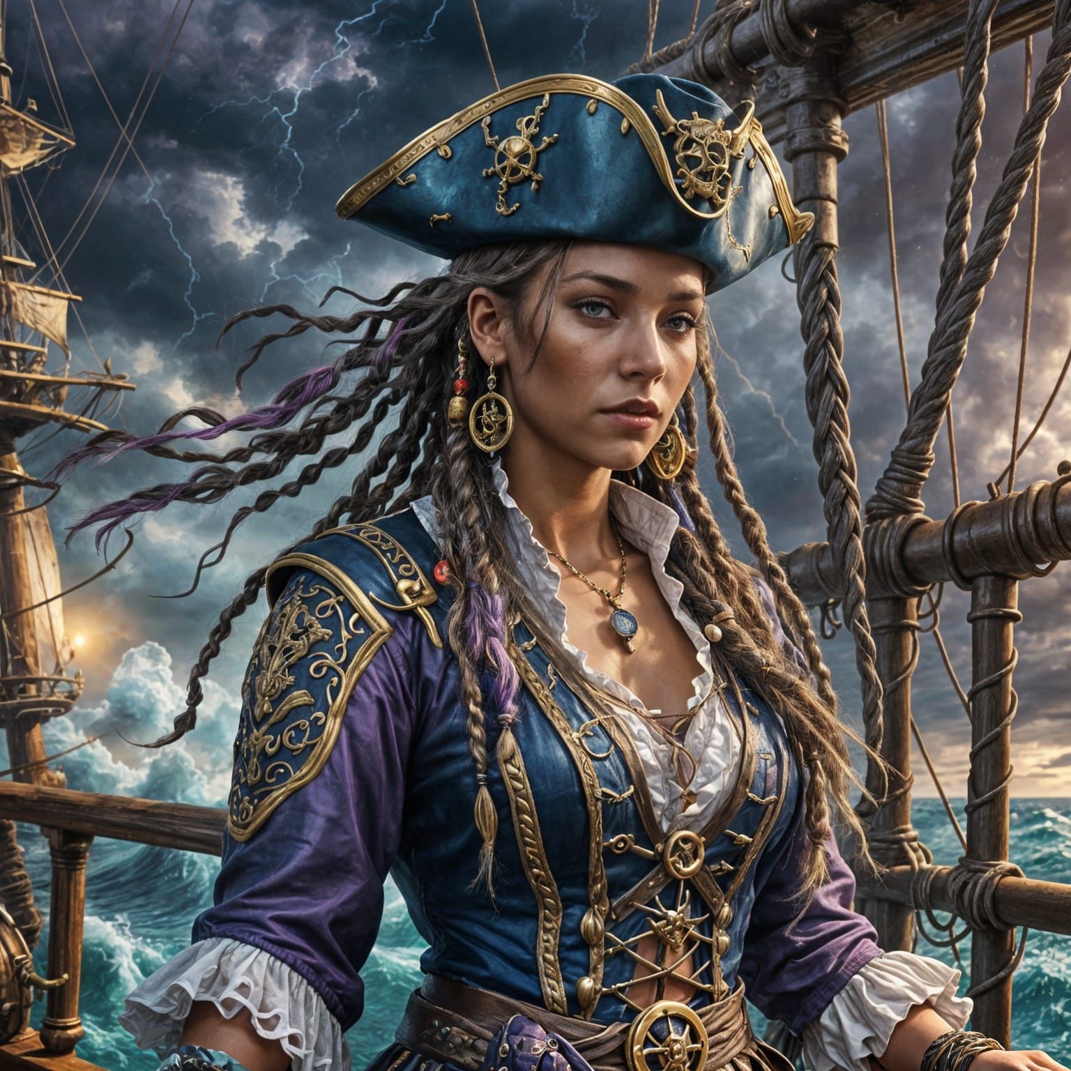 Evil Female Pirate on Stormy Seas: Digital Art