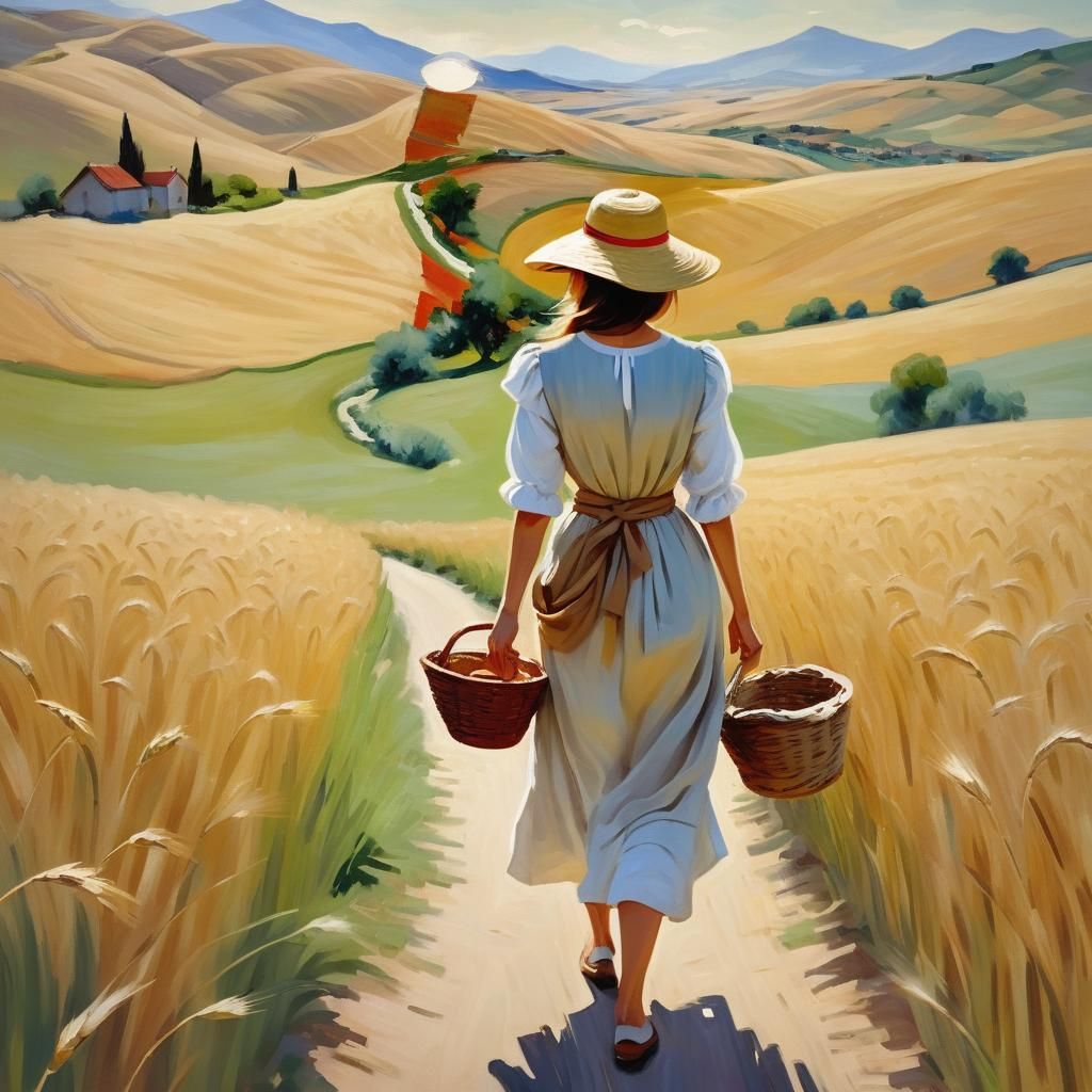 Impressionistic Woman Walks Through Wheat Field