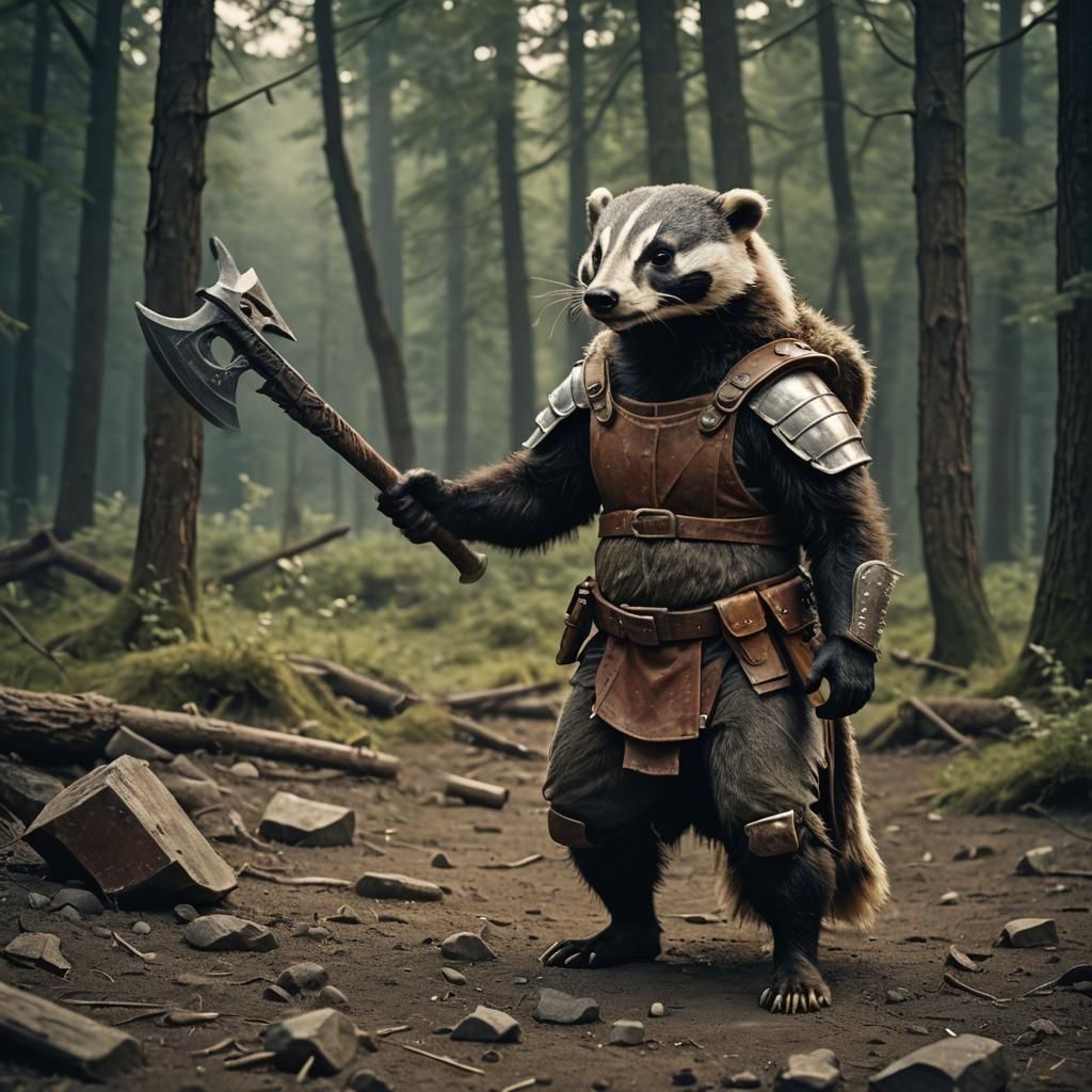 Pregnant Badger Warrior with Hammer: Cinematic Still