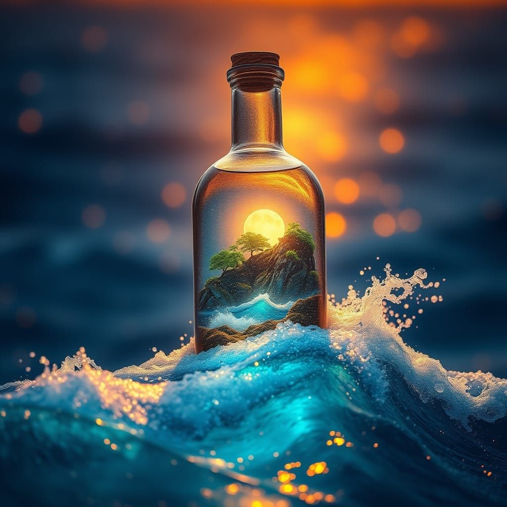 Miniature World in Glass Bottle on Ocean Wave