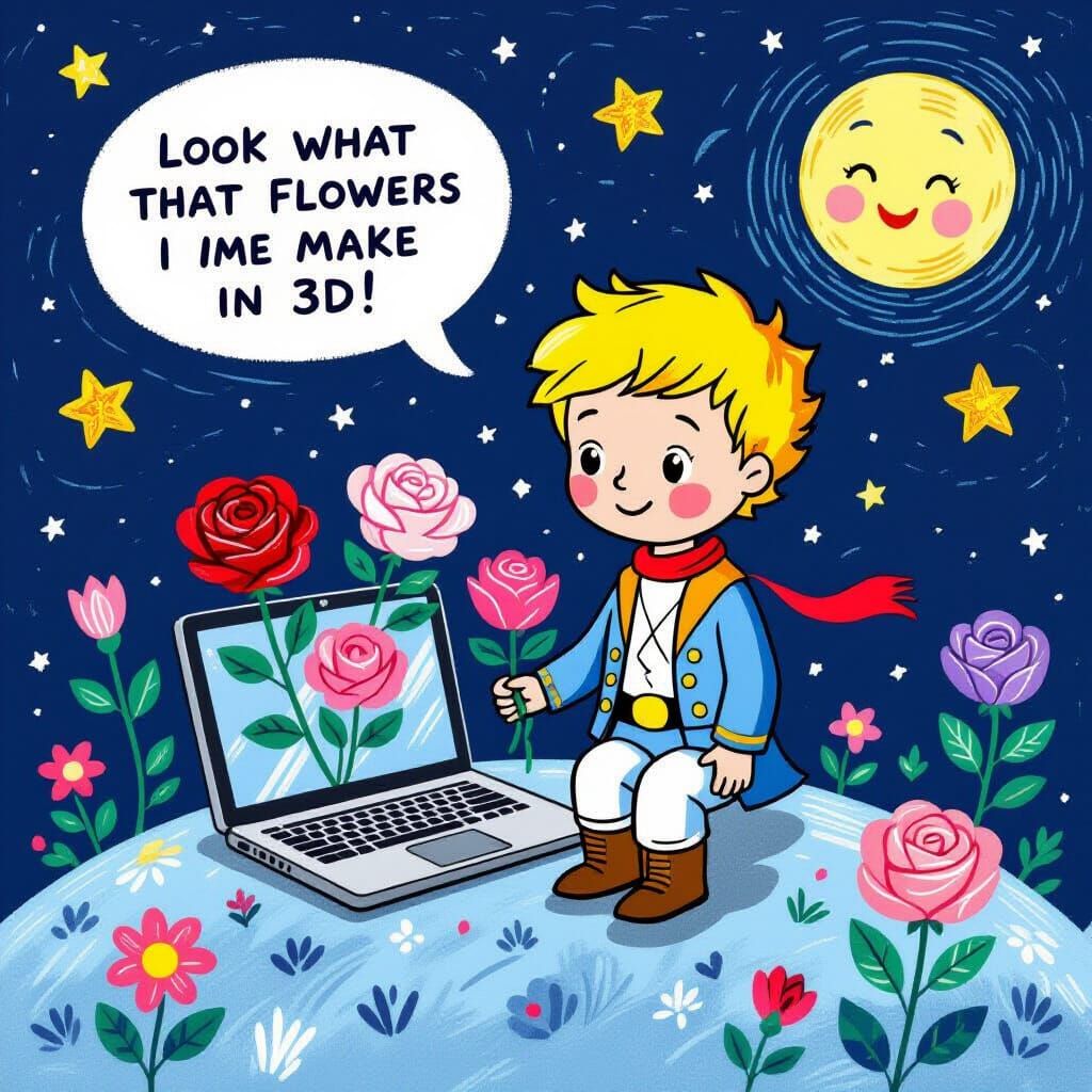 Little Prince Shows 3D Roses to His Rose on Planet