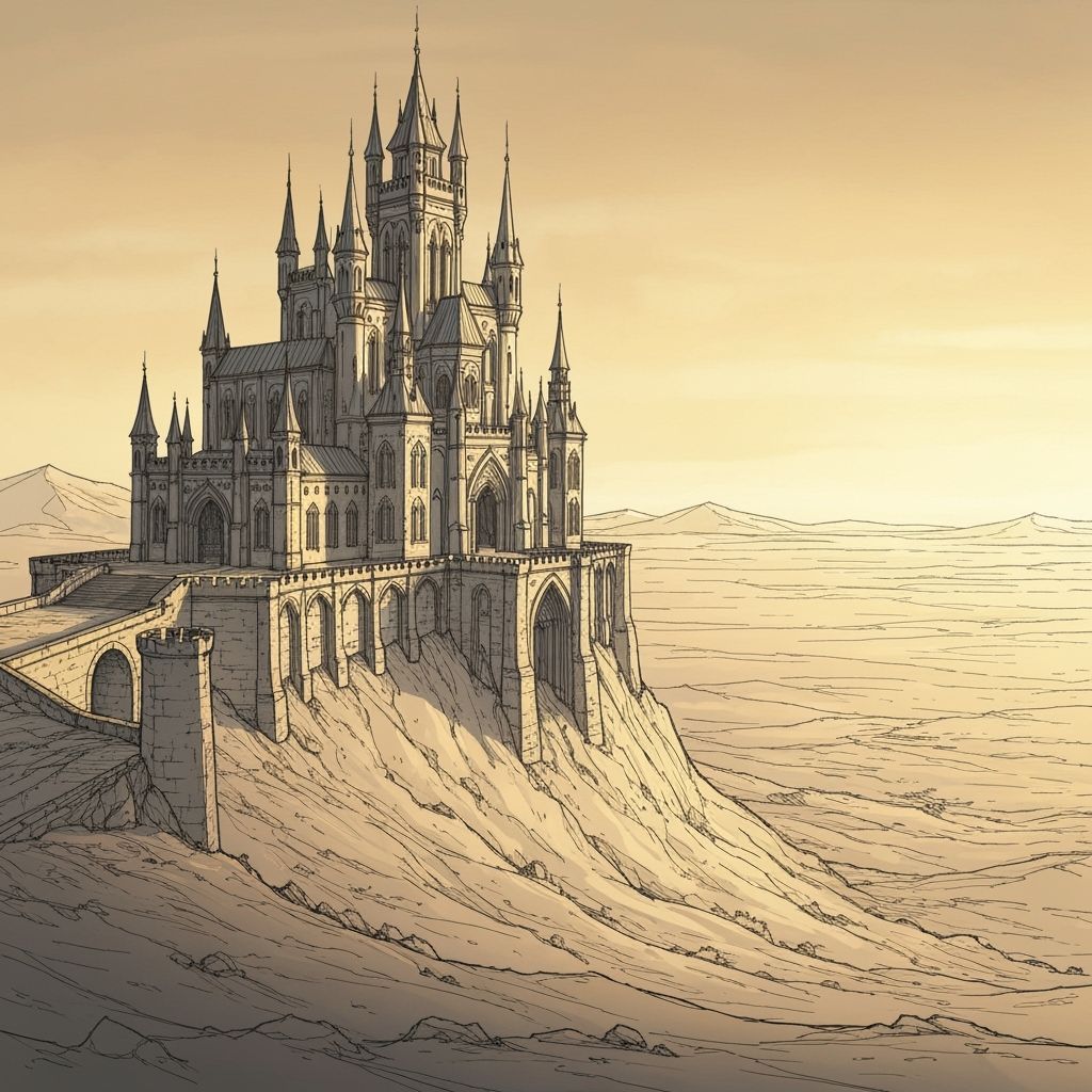 Majestic Castle at Golden Hour Overlooking Desert