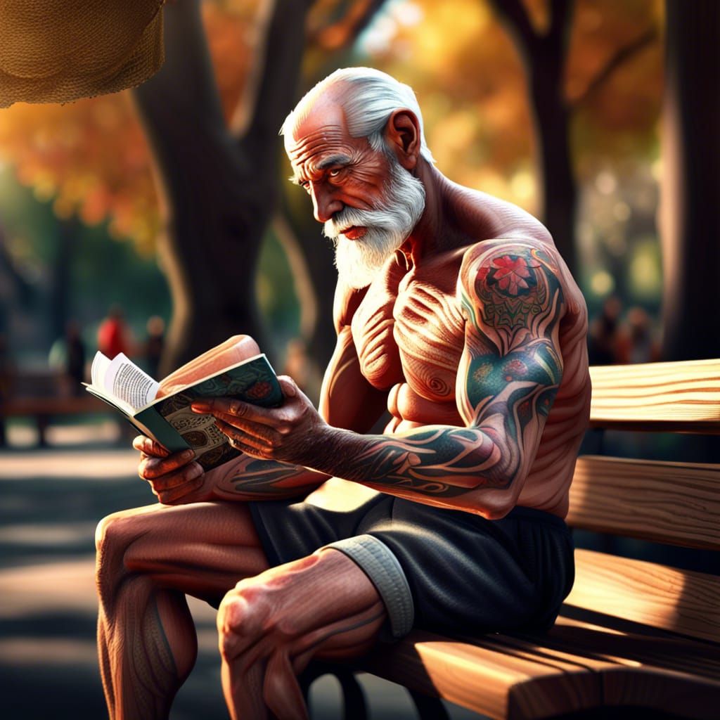 Detailed Old Man Reading in Park, Impressionist Style
