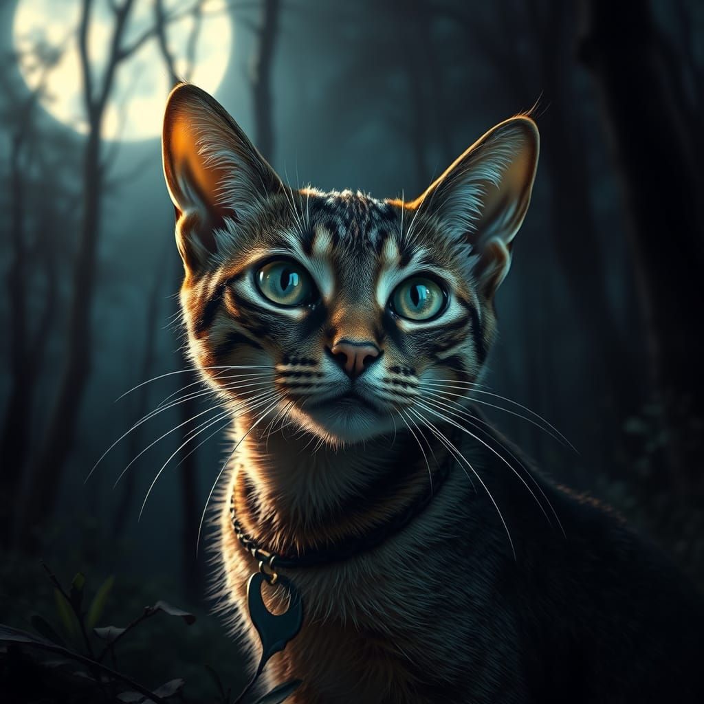 Abyssinian Cat Poses in Moonlit Forest Digital Matte Paintin...