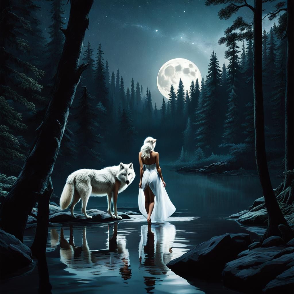 Moonlight stroll with her wolf