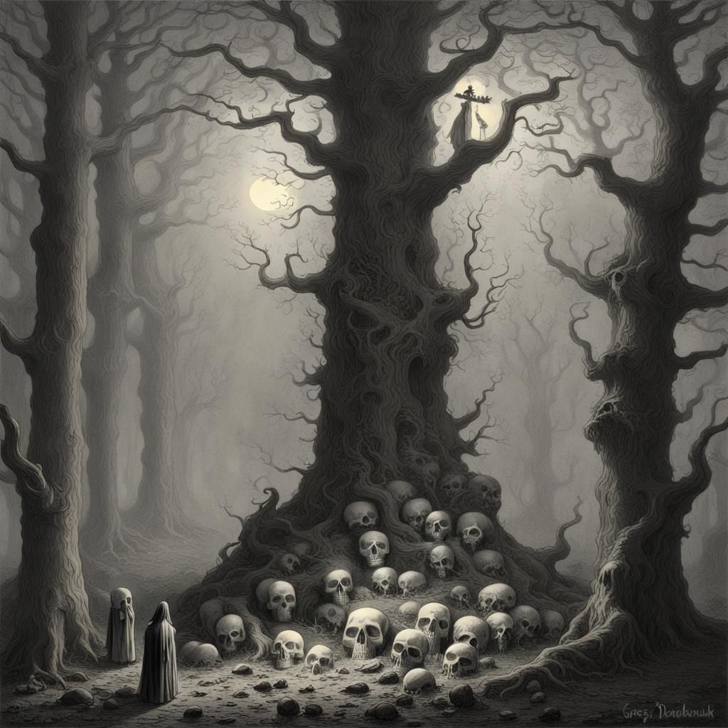 Eerie Glowing Candle Tree in Foggy Forest