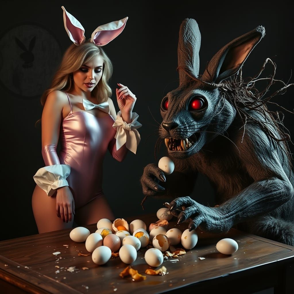 A Playboy Bunny-clad woman with a pink satin bodysuit, white cuffs, and bow tie, stands alongside a grotesque Easter Bun...