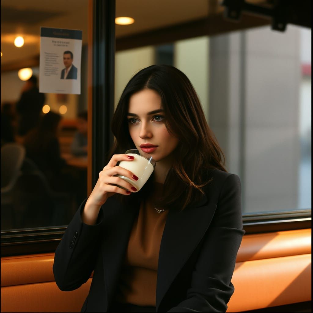 Elegant Brunette Sips Coffee: Cinematic Film Aesthetic