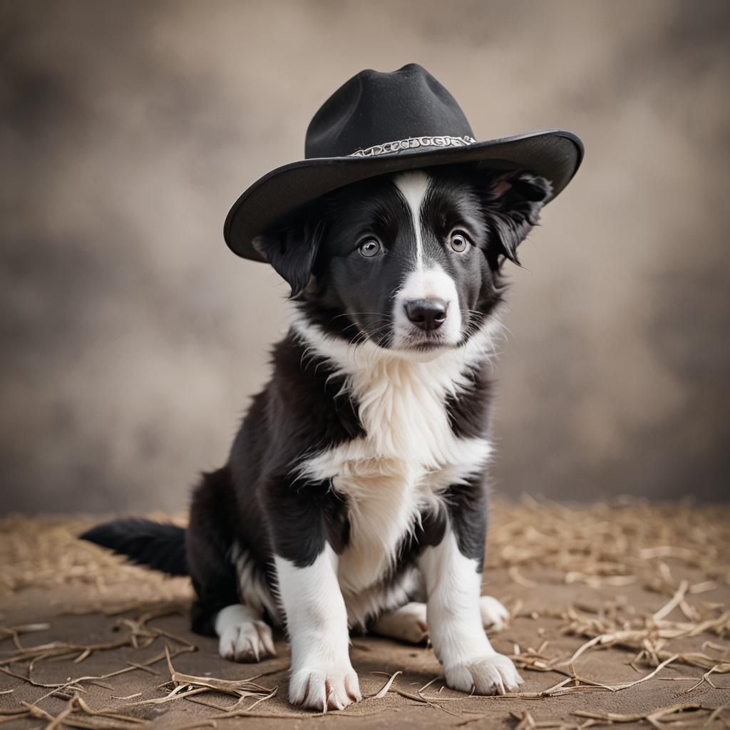 Border Collie Puppy in Cowboy Hat, Professional Photo