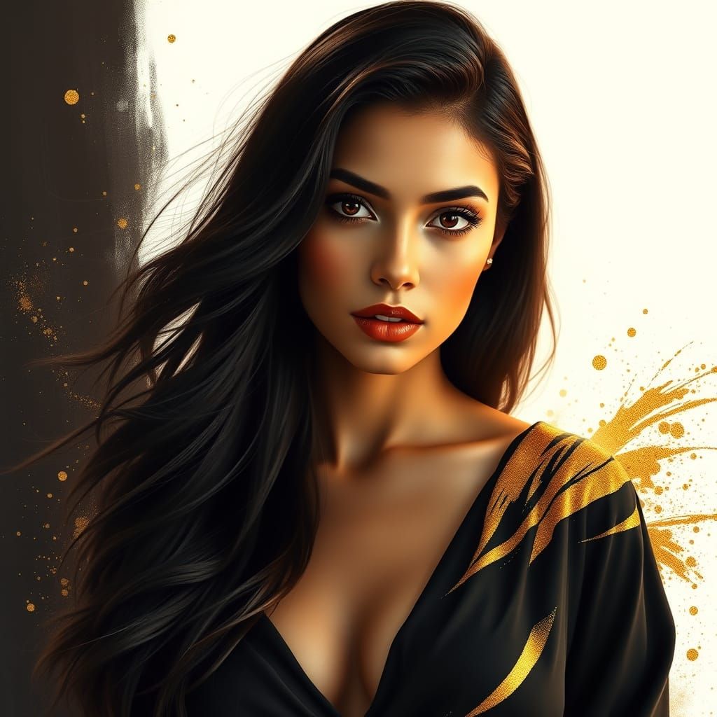 Ethereal Latina Goddess Radiates Golden Elegance